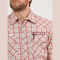 WRANGLER MENS PBR LOGO WESTERN SNAP SHIRT - BEIGE CRIMSON