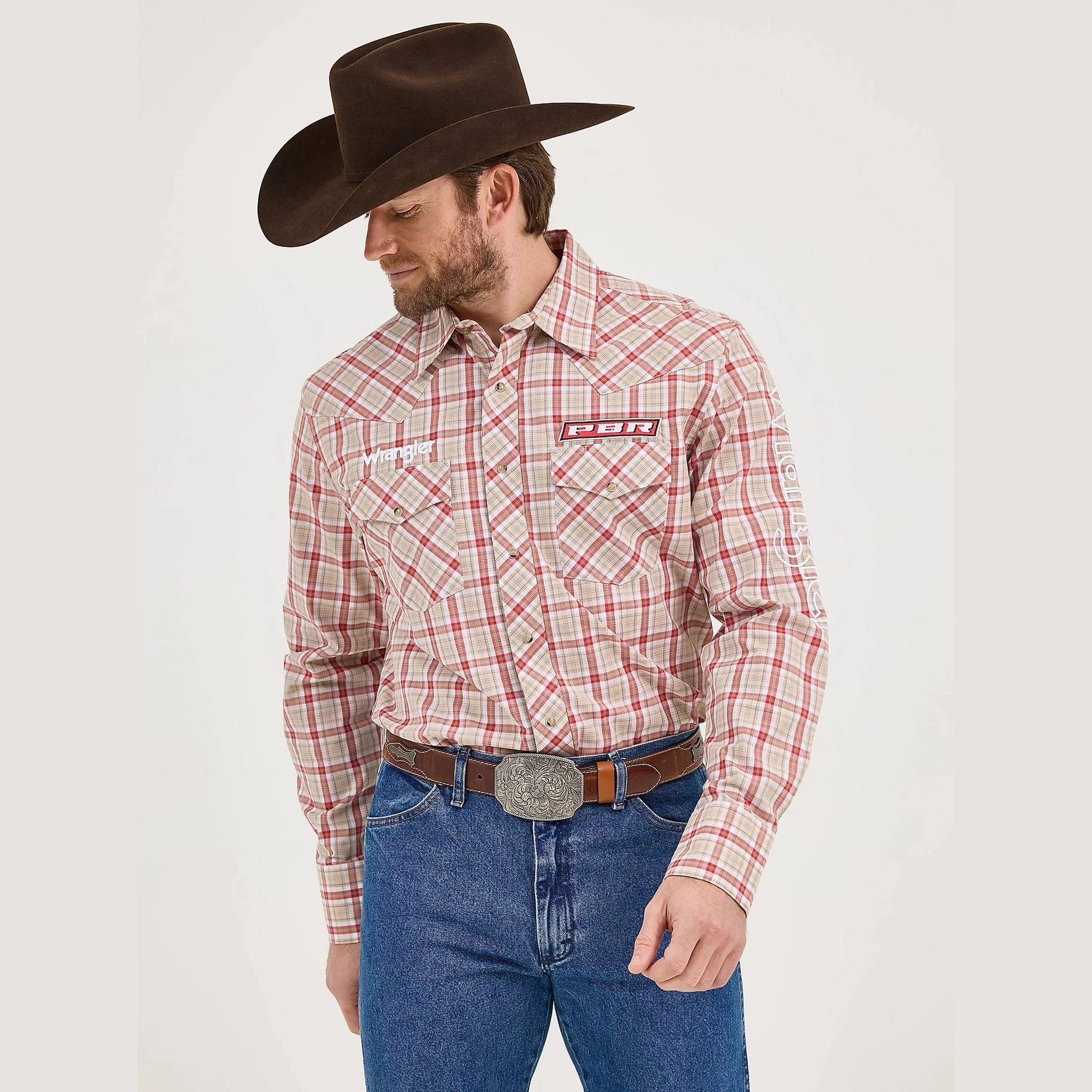 WRANGLER MENS PBR LOGO WESTERN SNAP SHIRT - BEIGE CRIMSON