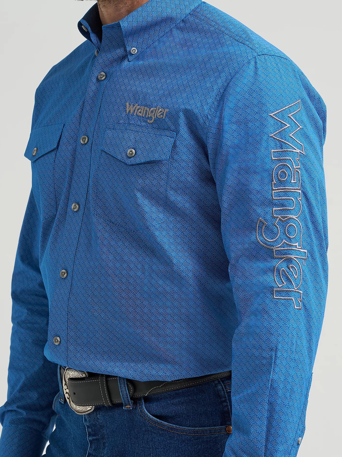 WRANGLER MENS LOGO WESTERN SNAP SHIRT - CERULEAN HATCH
