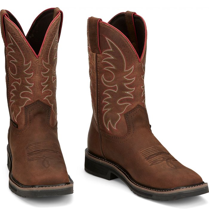 JUSTIN MENS DRILLER PECAN BROWN WATER BUFFALO WESTERN BOOT
