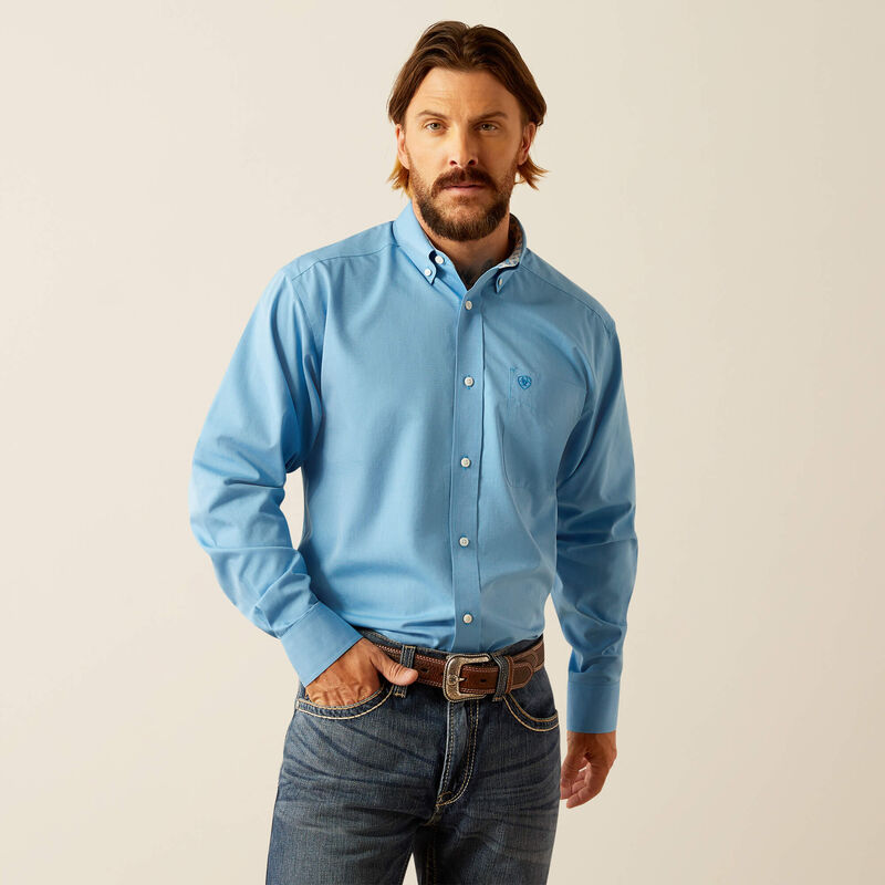 ARIAT MENS WRINKLE FREE SOLID CLASSIC FIT SHIRT - BLUE