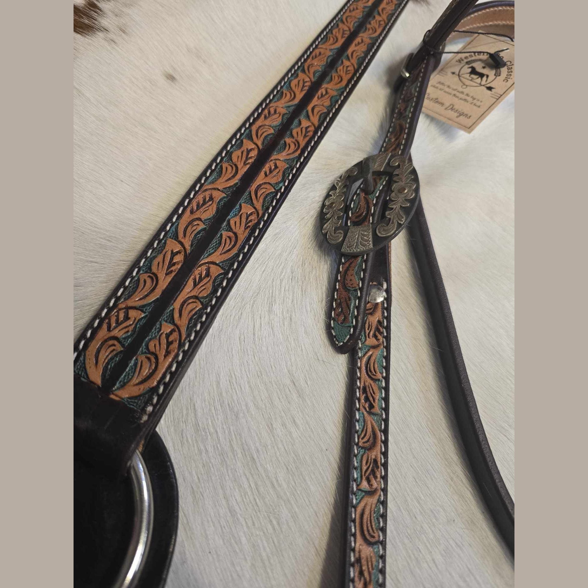 TURQUOISE LEAF BASKET TOOLED  HEADSTALL & BREAST COLLAR SET