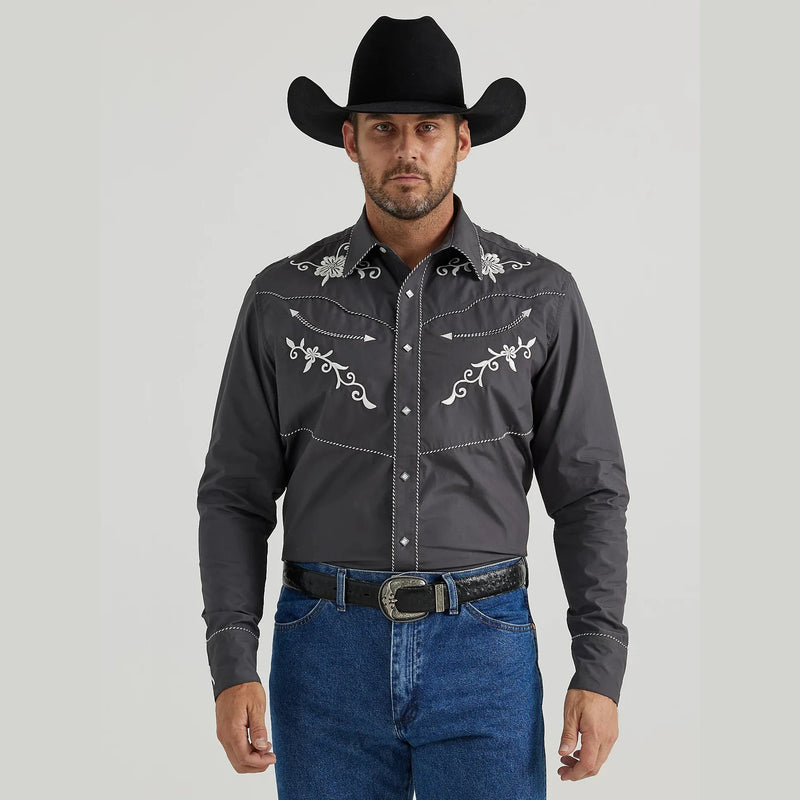 WRANGLER MENS RODEO BEN SNAP SHIRT IN EMBROIDERED GREY