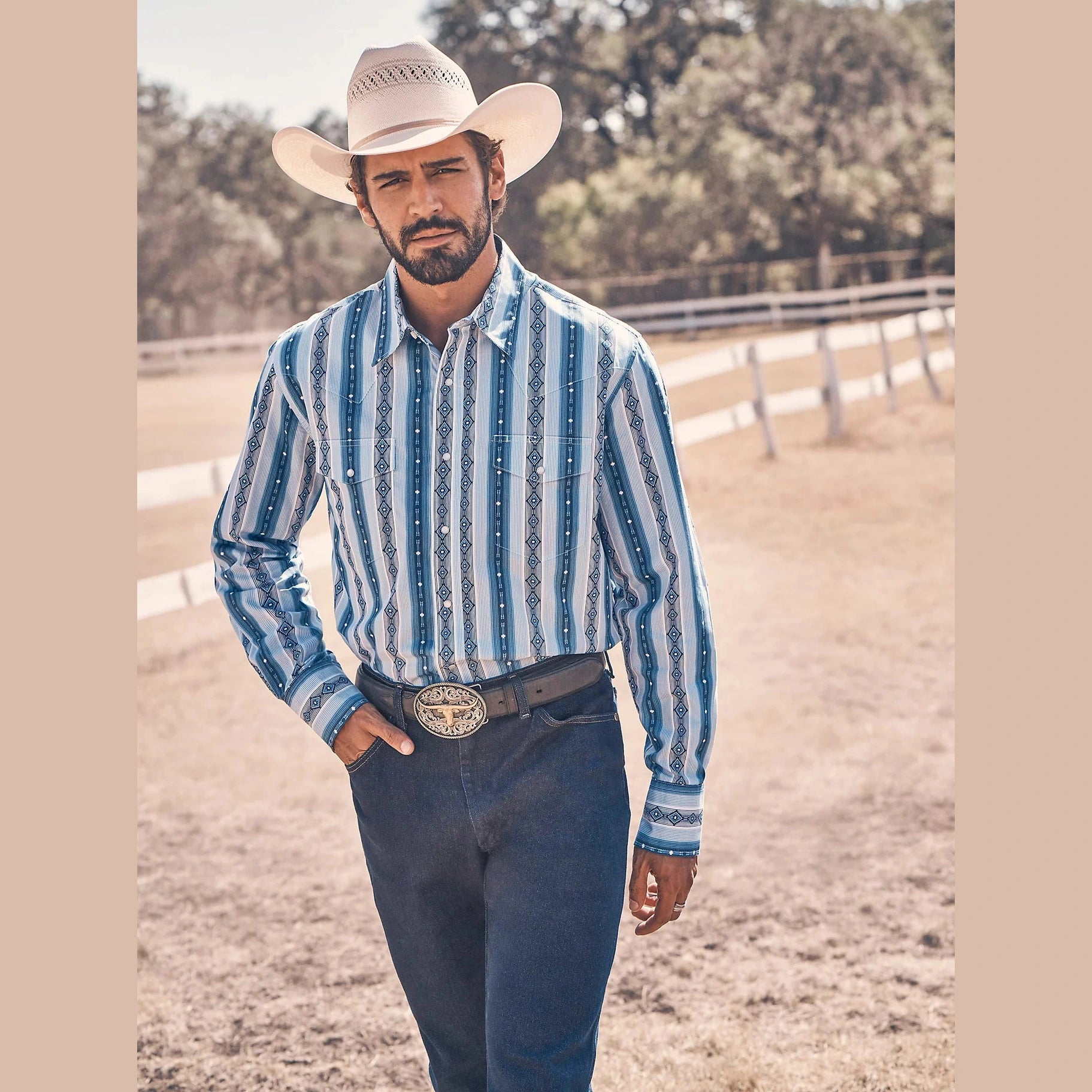 WRANGLER MENS CHECOTAH WESTERN SNAP PRINT SHIRT - RIVER BLUE
