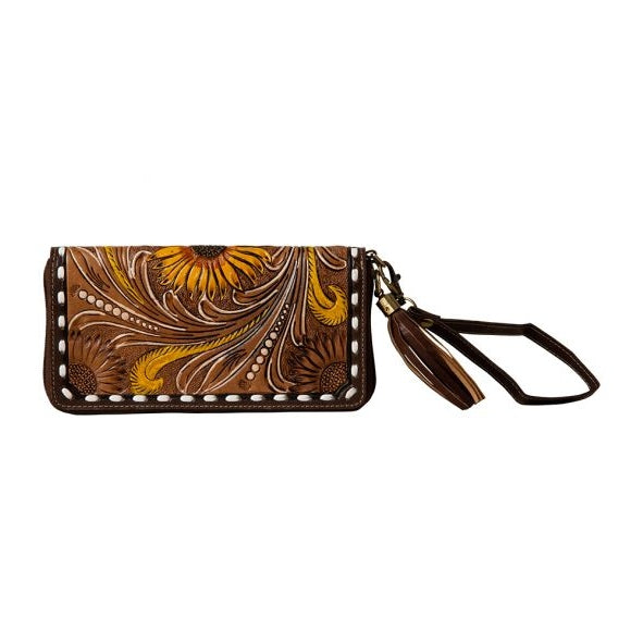 MYRA RADIANT SUNFLOWERS HAND TOOLED CLUTCH WALLET