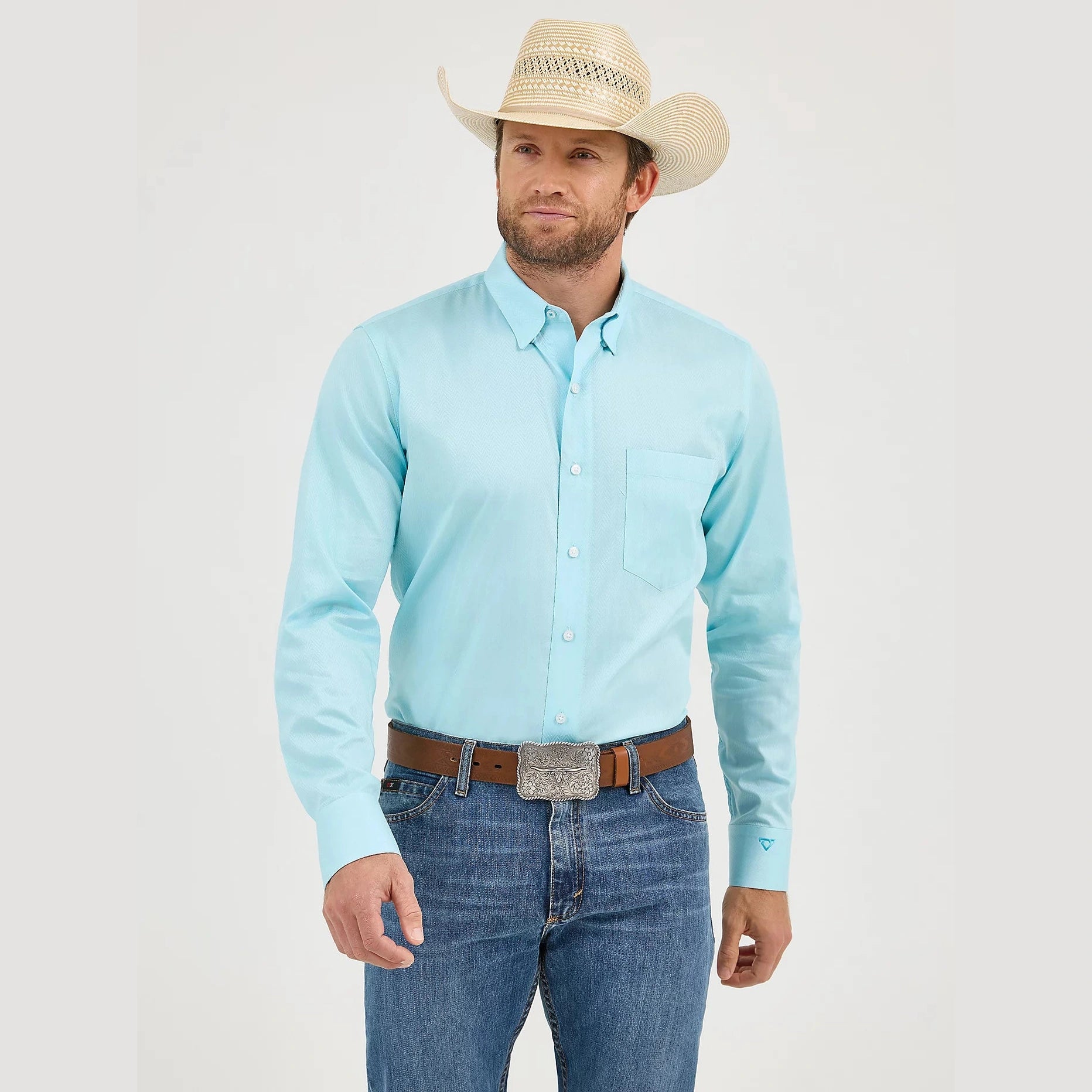 WRANGLER MENS CODY JOHNSON BUTTON DOWN SHIRT - AQUA CHEVRON