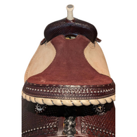 CLEARANCE - BASKETWEAVE BARREL SADDLE WITH ROUGH OUT JOCKEY & FENDER - CHOCOLATE 15"