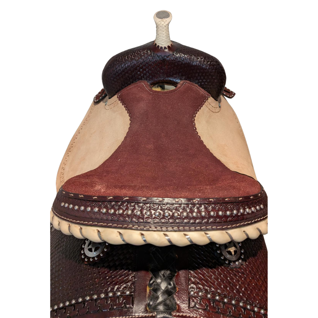 CLEARANCE - BASKETWEAVE BARREL SADDLE WITH ROUGH OUT JOCKEY & FENDER - CHOCOLATE 15"