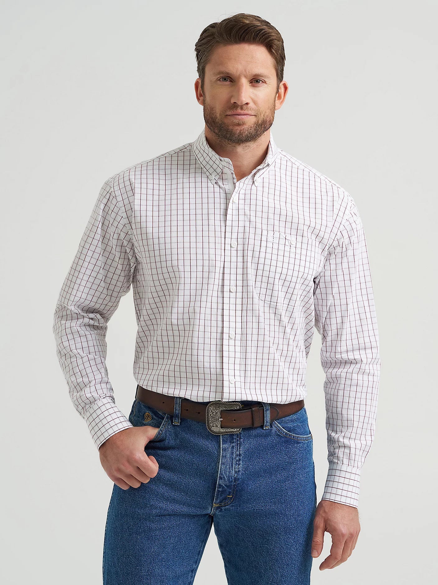 WRANGLER MENS GEORGE STRAIT BUTTON DOWN SHIRT - WINE CHECK