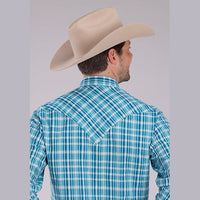 ROPER MENS PERFORMANCE PLAID SNAP SHIRT - OCEAN BLUE