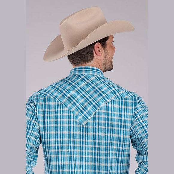 ROPER MENS PERFORMANCE PLAID SNAP SHIRT - OCEAN BLUE