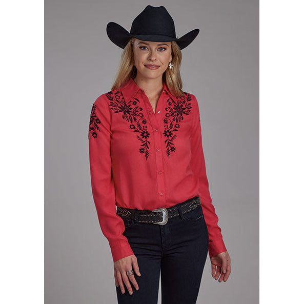 ROPER WOMENS EMBROIDERED APPLIQUE RAYON SHIRT - RED