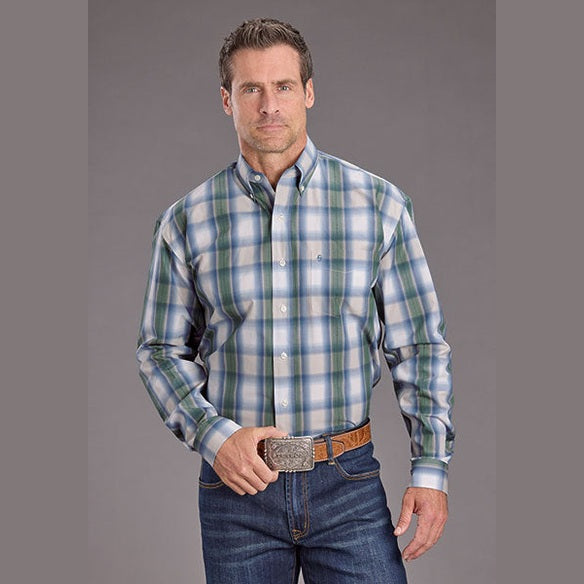 STETSON MENS BUTTON DOWN MOSS DOBBY PLAID SHIRT