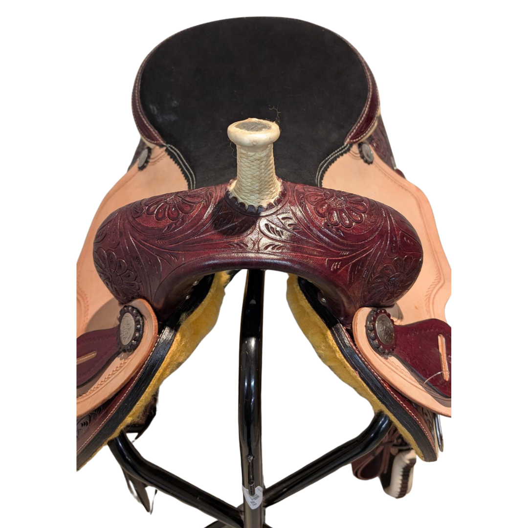 CLEARANCE - WESTERN FLORAL TOOLED TRAIL/Barrel SADDLE - DARK BROWN/LIGHT FENDER & JOCKEY