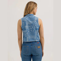 WRANGLER WOMENS PRINT DENIM CROP WESTERN SNAP TANK