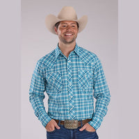 ROPER MENS PERFORMANCE PLAID SNAP SHIRT - OCEAN BLUE