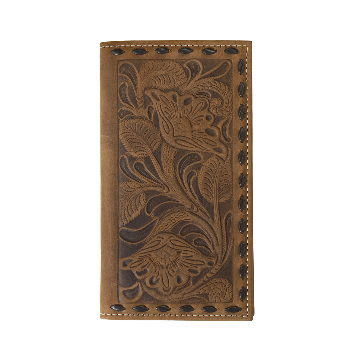 NOCONA MENS RODEO WALLET FLORAL EMBOSSED CHOCOLATE BUCK LACING BROWN