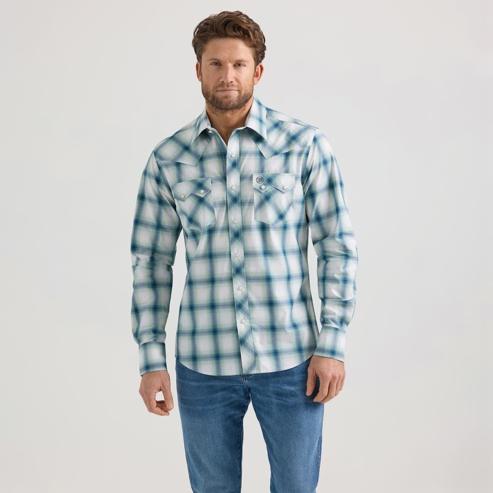 WRANGLER MENS RETRO MODERN FIT SHIRT - TURQUOISE/NAVY