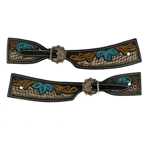 LADIES SPUR STRAPS - PAINTED BLUE FLOWER