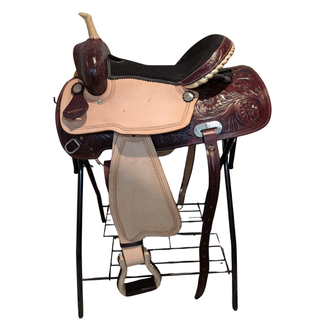 CLEARANCE - WESTERN FLORAL TOOLED TRAIL/Barrel SADDLE - DARK BROWN/LIGHT FENDER & JOCKEY
