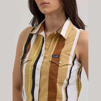 WRANGLER WOMENS BRUSHPOPPER STRIPE SLIM CROP SNAP TANK