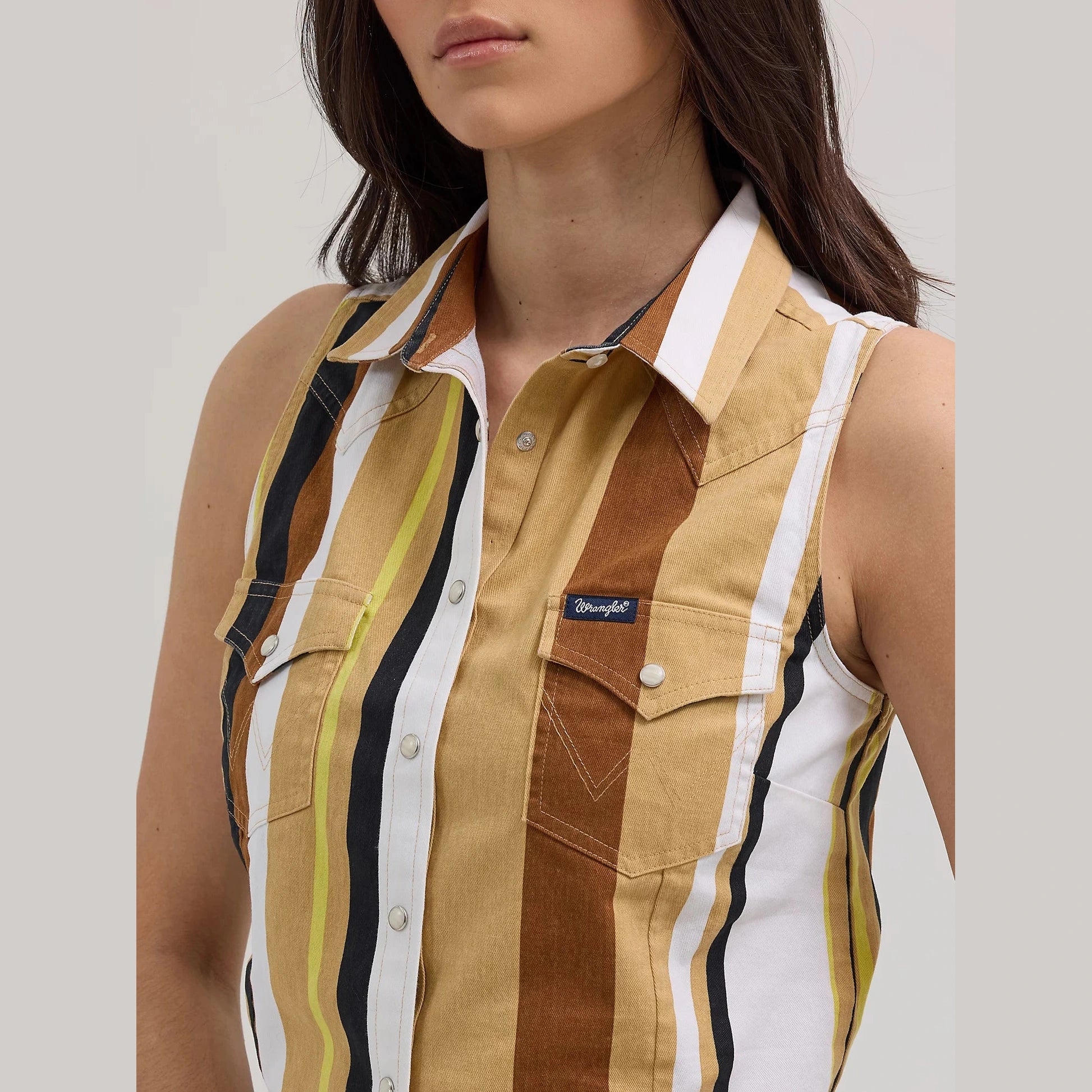 WRANGLER WOMENS BRUSHPOPPER STRIPE SLIM CROP SNAP TANK
