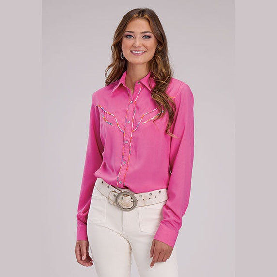ROPER WOMENS SOLID PINK RAYON WESTERN BLOUSE