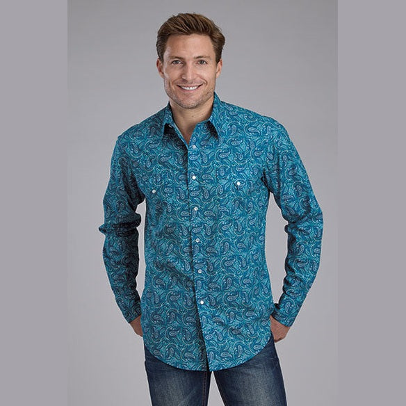 ROPER MENS PERFORMANCE ALLOVER SHIRT SNAP SHIRT - DENIM PAISLEY