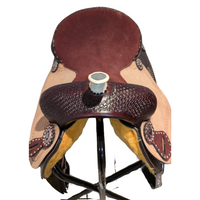 CLEARANCE - BASKETWEAVE BARREL SADDLE WITH ROUGH OUT JOCKEY & FENDER - CHOCOLATE 15"