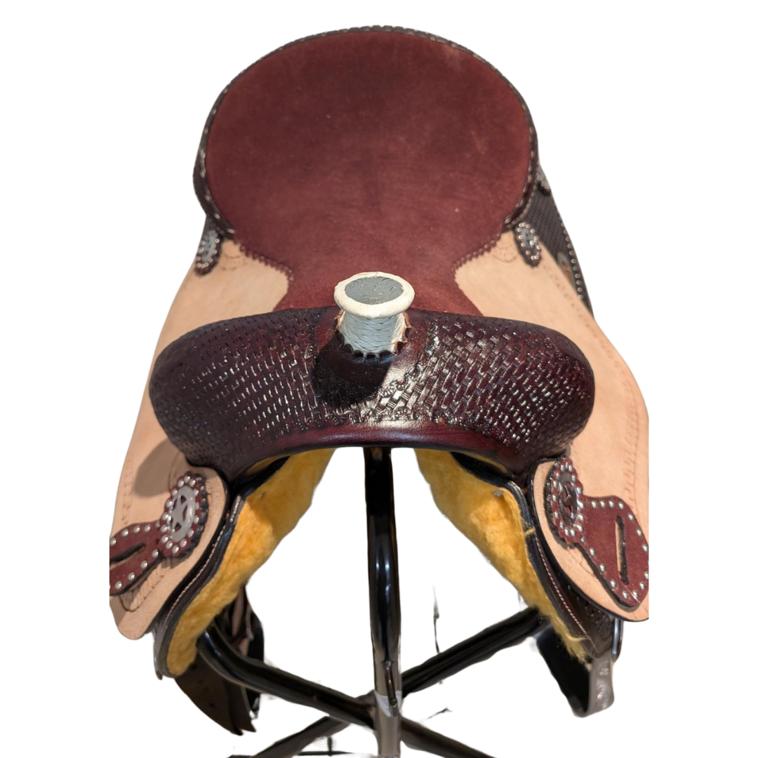 CLEARANCE - BASKETWEAVE BARREL SADDLE WITH ROUGH OUT JOCKEY & FENDER - CHOCOLATE 15"