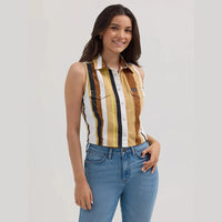 WRANGLER WOMENS BRUSHPOPPER STRIPE SLIM CROP SNAP TANK