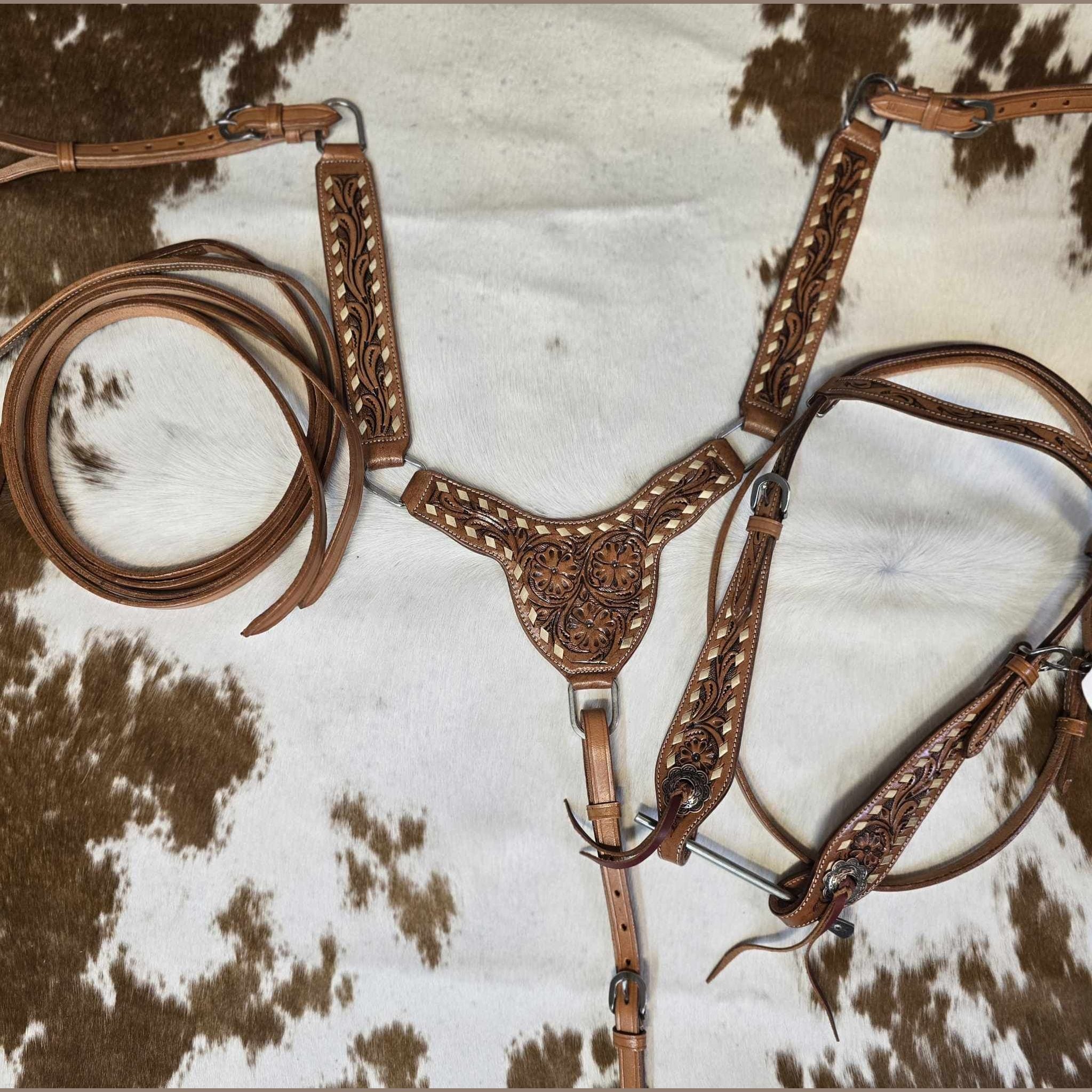 FLORAL RAWHIDE GLADIATOR STYLE HEADSTALL & BREASTCOLLAR SET