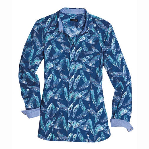 TIN HAUL WOMENS FEATHER PRINT NAVY SNAP SHIRT
