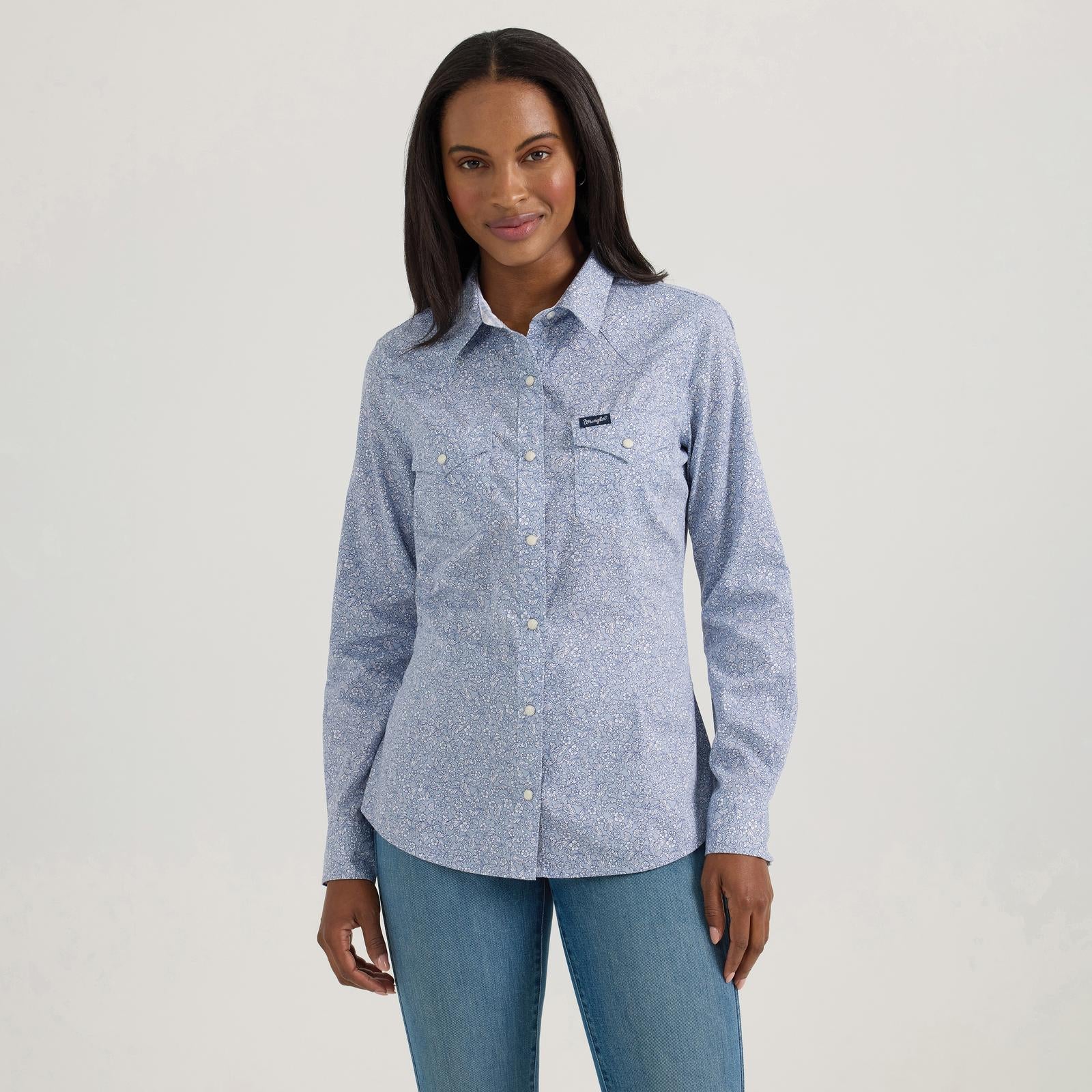 WRANGLER WOMENS RETRO WESTERN SNAP SHIRT - BLUE