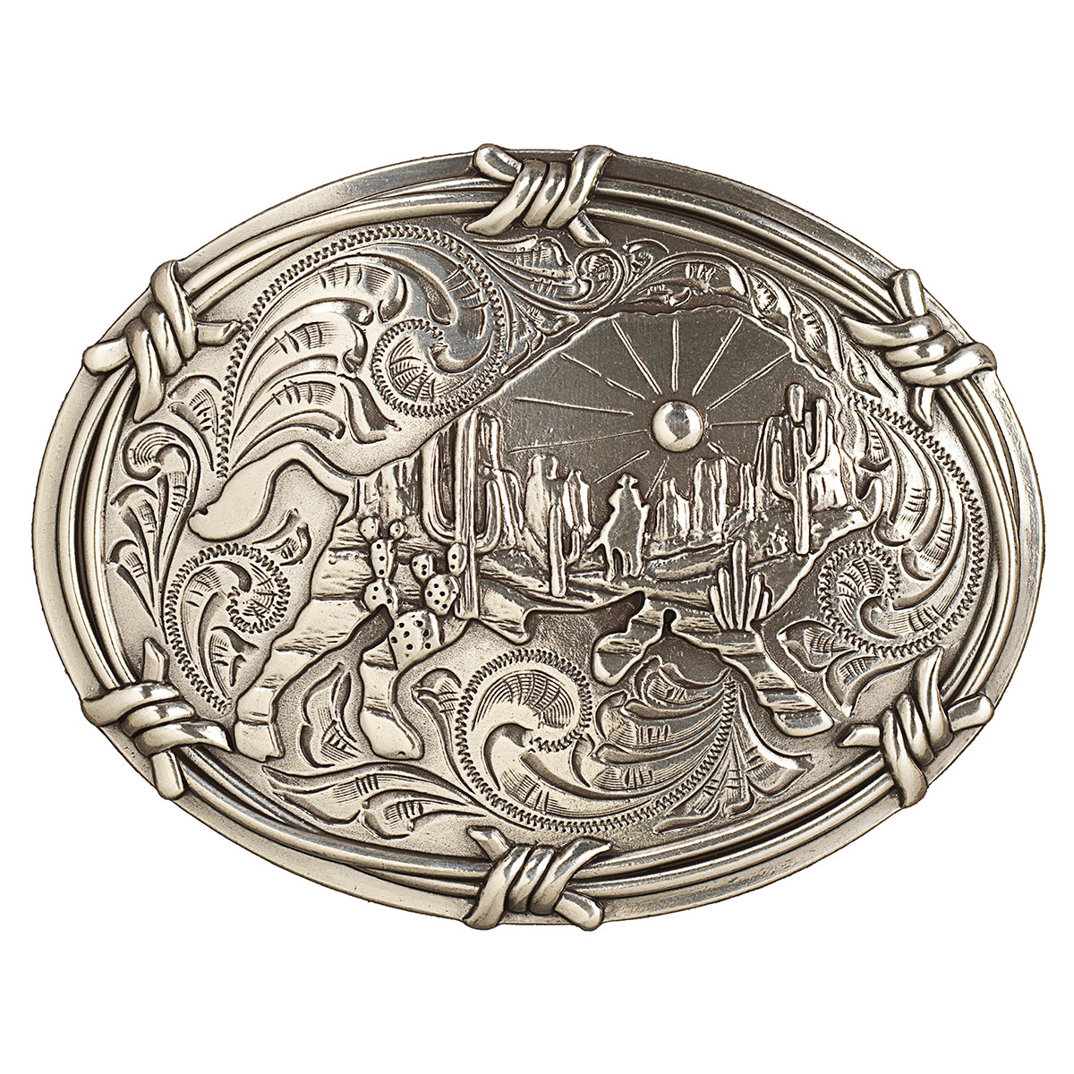 NOCONA OVAL BARBED WIRE BUFFALO ANTIQUE SILVER BUCKLE