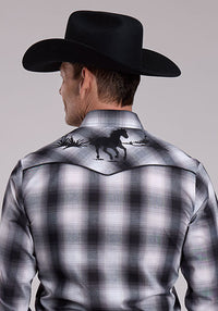 ROPER MENS PLAID WITH PIPING AND YOKE EMBROIDERY SHIRT - BLACK/GREY/WHITE