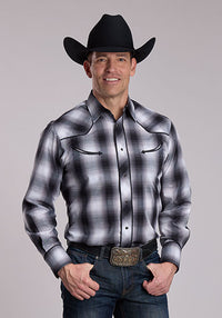 ROPER MENS PLAID WITH PIPING AND YOKE EMBROIDERY SHIRT - BLACK/GREY/WHITE