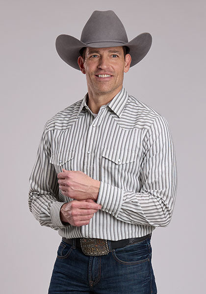 ROPER MENS CREAM & GREY STRIPE WESTERN SHIRT