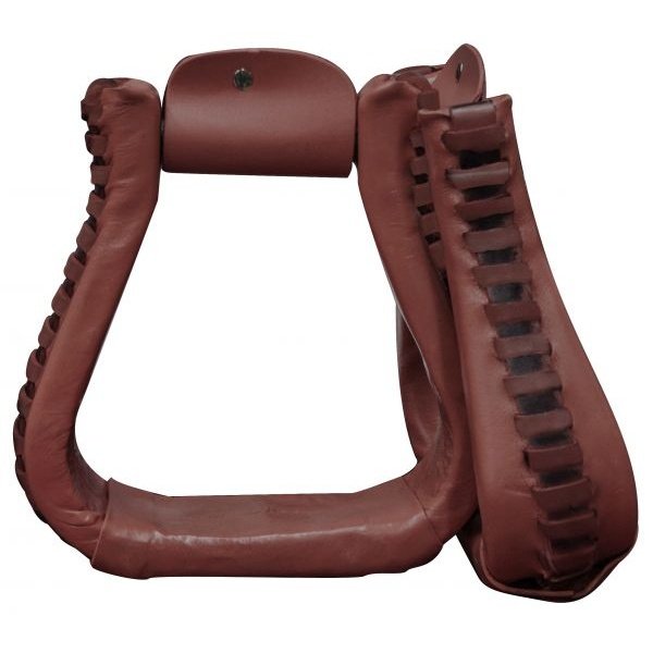 LEATHER COVERED WESTERN STIRRUPS - 3" NECK CHESTNUT