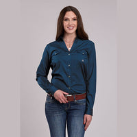 Roper Womens Snap Solid Shirt Stretch Poplin - Navy