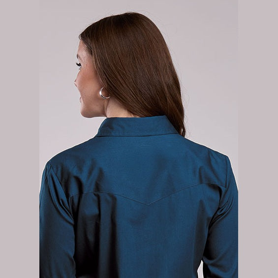 Roper Womens Snap Solid Shirt Stretch Poplin - Navy