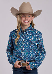 ROPER GIRLS  HORSES & FLOWERS PRINTED RAYON - BLUE
