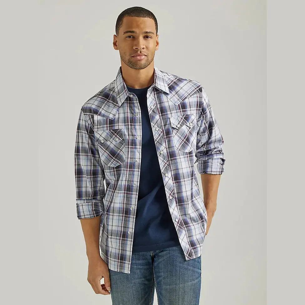 WRANGLER MENS RETRTO NAVY PLAID WESTERN SHIRT