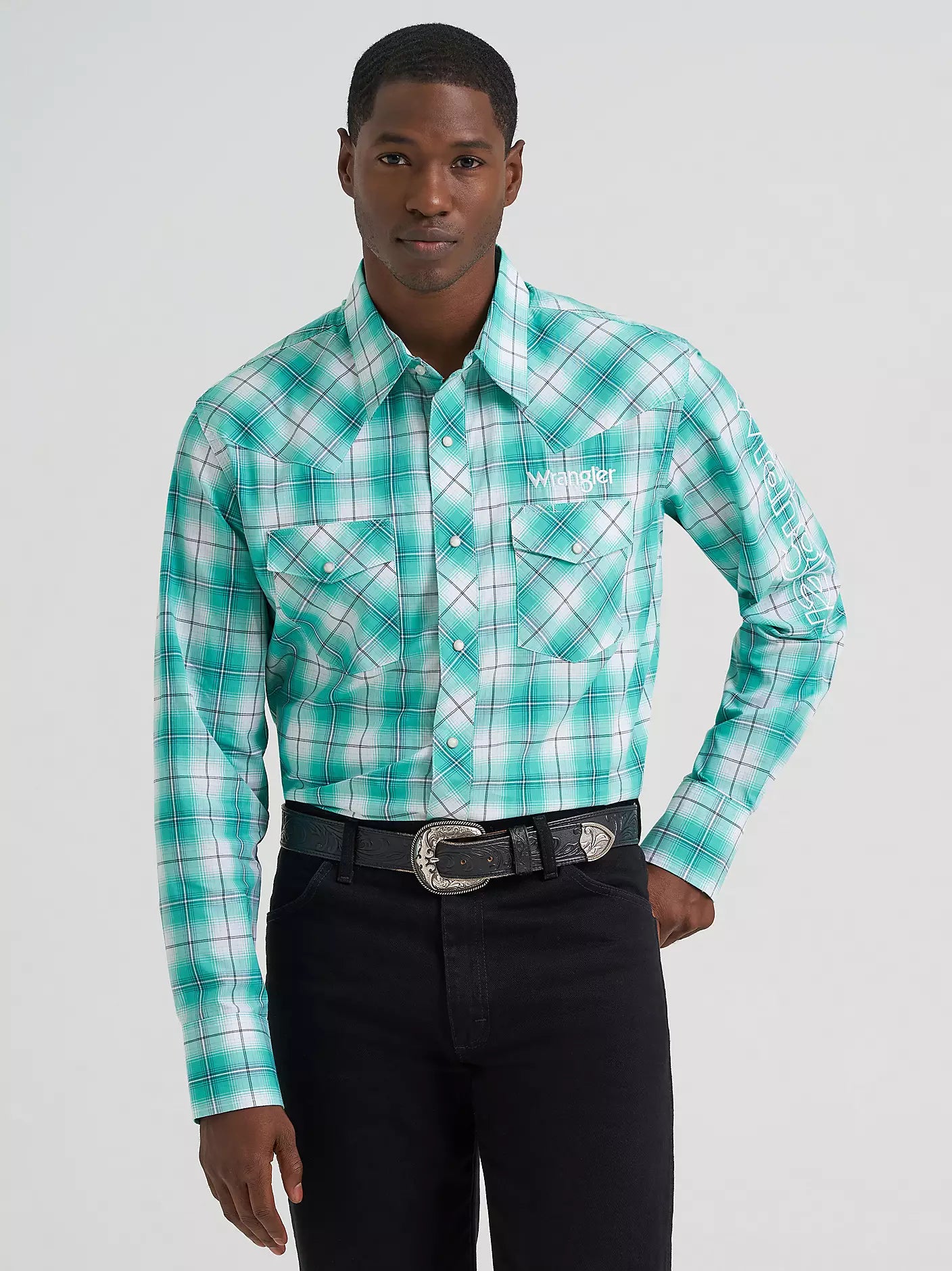 2026 - WRANGLER MENS LOGO WESTERN SNAP SHIRT - TURQUOISE SEA
