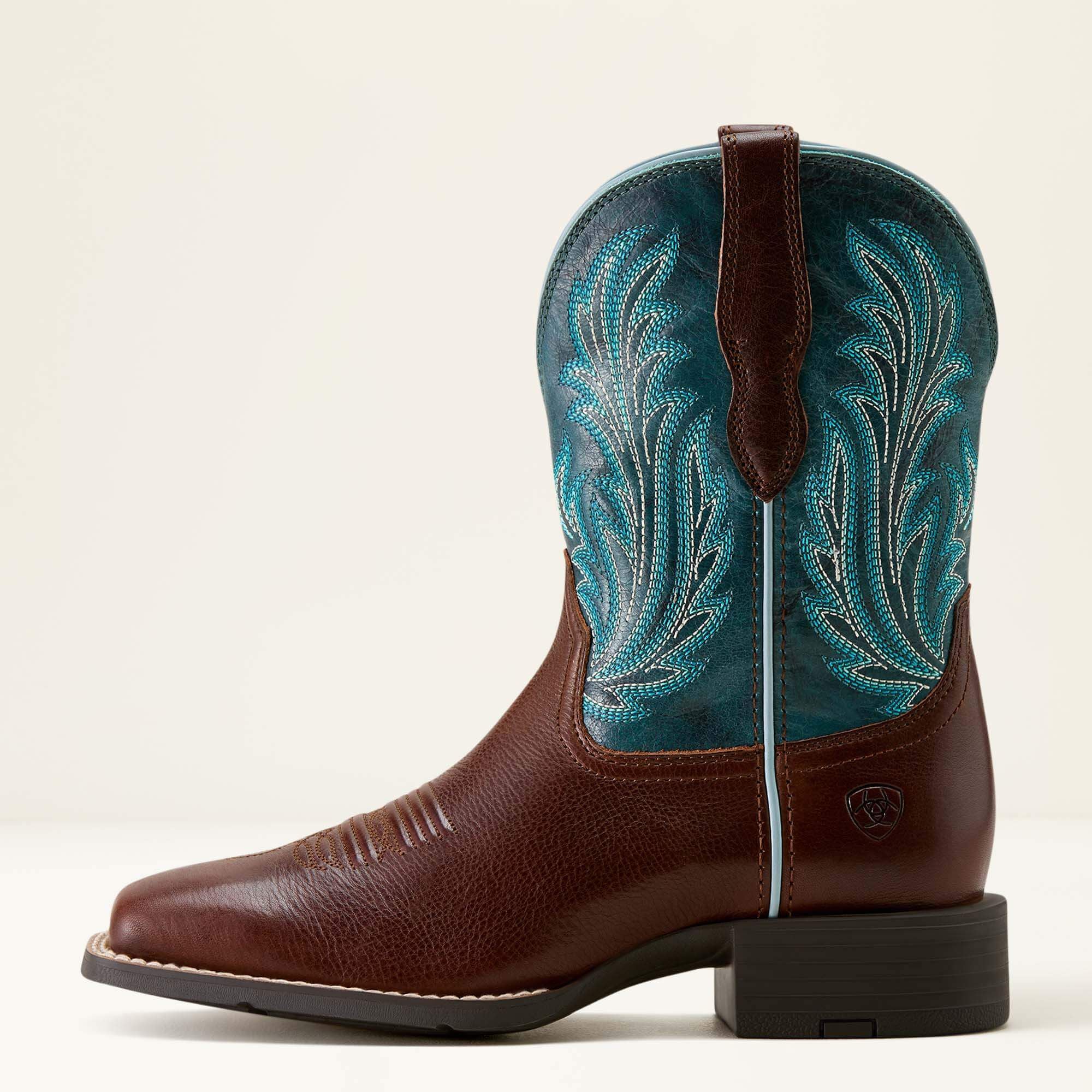 Ariat Womens Round Up Filly Wide Square Toe Western Boot - OILED TEAK|LOYAL BLUE