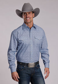 STETSON MENS SNAP 2 POCKET PRINT STEEL BLUE FILIGREE SHIRT