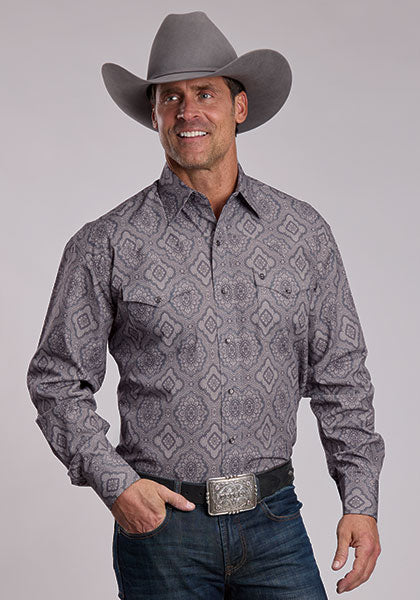 STETSON MENS SNAP 2 POCKET PRINT GREY MEDALLION PAISLEY SHIRT
