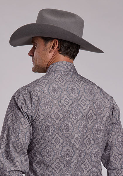 STETSON MENS SNAP 2 POCKET PRINT GREY MEDALLION PAISLEY SHIRT