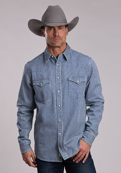 STETSON SNAP 2 POCKET SOLID  DENIM STRIPE SNAP LONG SLEEVE SHIRT