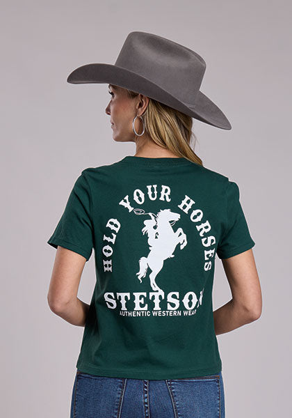 STETSON WOMENS HOLD OUR HORSES FULL BACK PRINT TEE SHIRT - GREEN